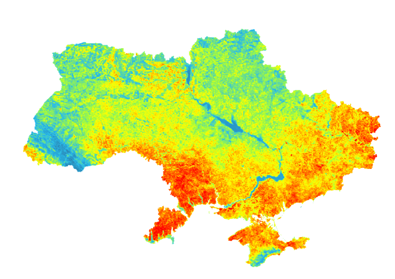 Денна температура поверхні землі, літо 2015 року. Дані: MODIS