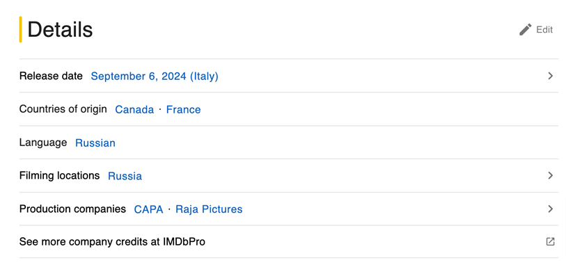 Доки навколо фільму не спалахнув скандал, на сайті IMDb було написано “Місце зйомки: Росія”