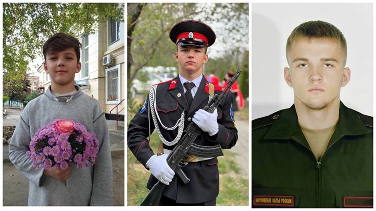 Коля Сєдих. Зліва направо: сирота з Харцизька (2019), кадет із Кропоткіна (2023), солдат із Краснодара (2025). Колаж: Texty.org.ua