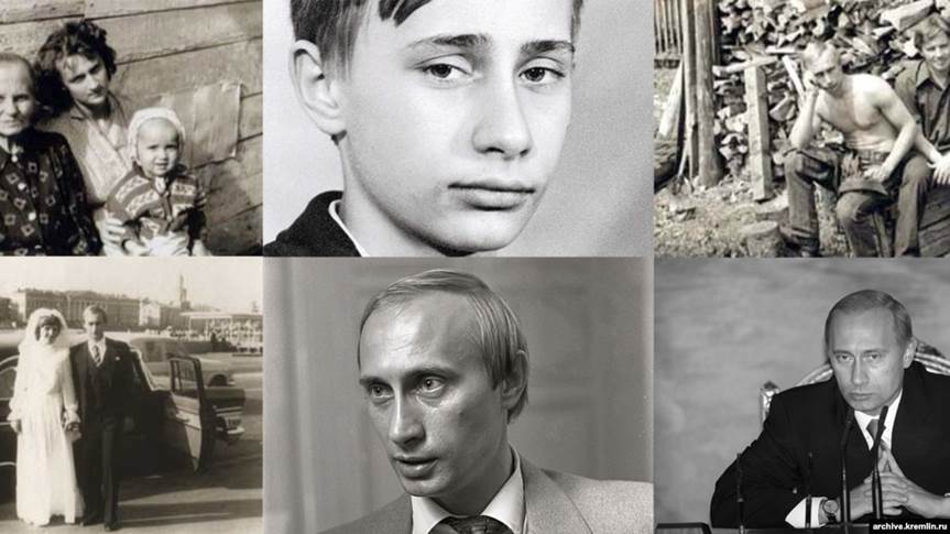 Колаж із фотографій різних років біографії Володимира Путіна
