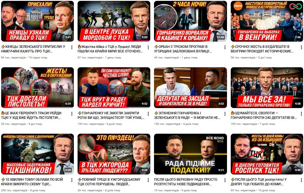 З 12 останніх відео на ютуб-каналі Гончаренка 7 присвячено темі ТЦК і мобілізації
